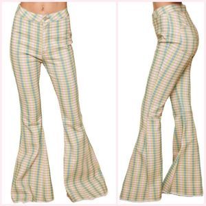 Yellow, Teal & Pink Houndstooth Plaid Bell Bottom Jeans- sku: 9170